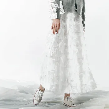 

Pentagram eyelash lace Long Skirts Women Tassel High waist elastic White Skirts bottom casual elegant A-line skirts 2020 summer