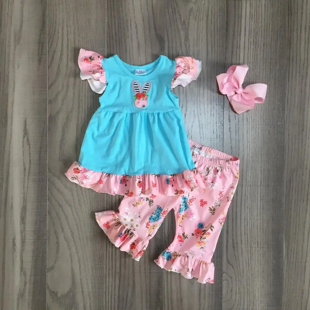 

baby girls Easter outfits girls blue bunny shirt pink hem top with pink floral capri pant girls outfit with bow