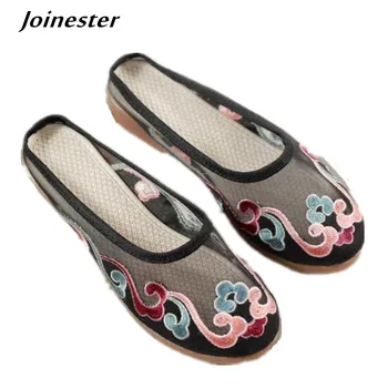 

Women Beach Slippers Air Mesh Summer Slides Ladies Sandals Ethnic Embroidered Slipper Vintage Mules Woman Home Shoes Flat Sandal