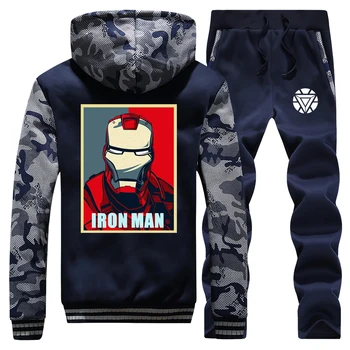 

Men streetwear iron man print Tracksuits suit Camouflage Winter Thick Outerwear+Pants 2Pcs Set Clothing Fleece Warm Hoodies sets