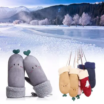 

Autumn Winter New Female Suede Leather Warm Cute Cartoon Mittens Women Thick Plus Velvet Cashmere Halter Gloves