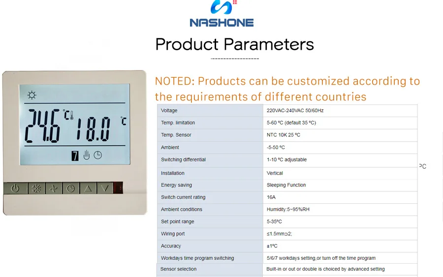 Термостат Nashone, регулятор температуры, 220 В, 16А, программируемый ЖК-дисплей, комнатный термостат, комнатный регулятор температуры