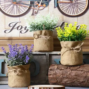 

Creative Rural Plastic Artificial Flowers Bouquet Lavender Potted Plant Bonsai Sack Cloth For Home Party Decorative