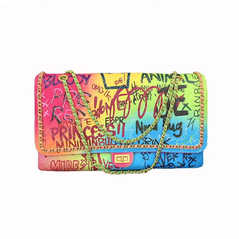 Colorful Новое поступление большая сумочка с граффити цепь цветов радуги Сумки Большая сумка на плечо Женская дорожная сумка большая сумка на ночь роскошная женская сумка - Цвет: Colorful