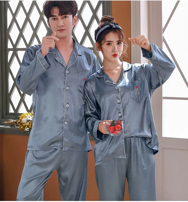 Spring Autumn Couple Pajamas Set Sleepwear Plus Size Pijamas Suit Nightwear Loose Casual 2 PCS Shirt&Pant Men Rayon Home Wear