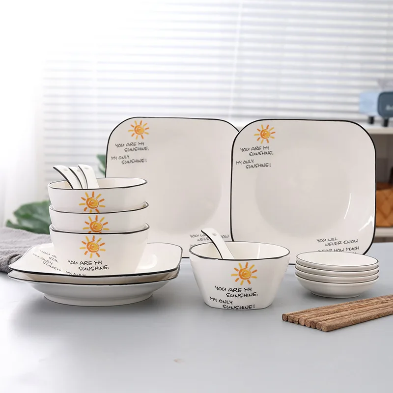 

Dishes Set Household 2-4 People Japanese Style Tableware Set Simple Northern European-Style Black Line Ceramic Eating Bowls And