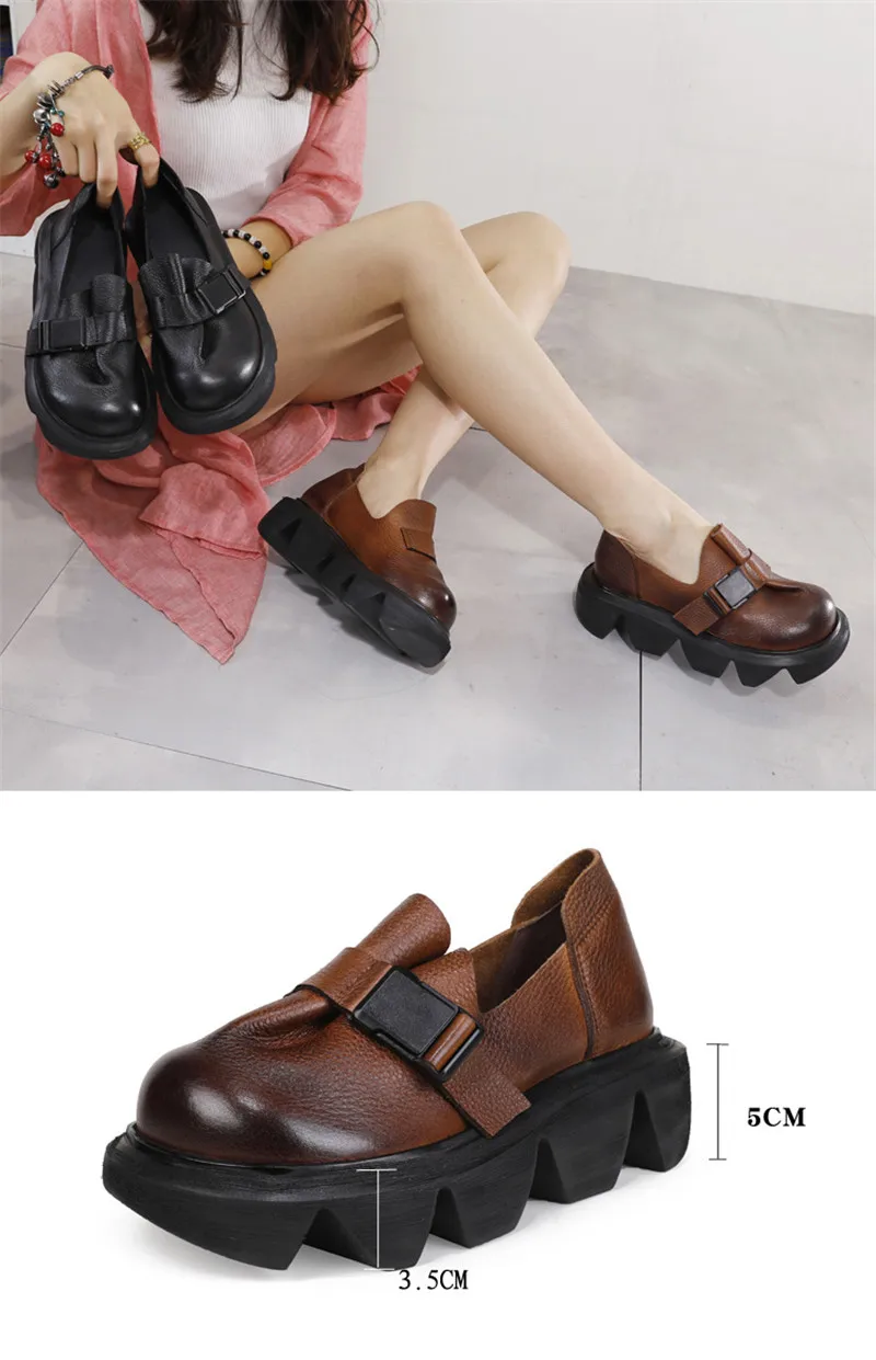 2020 Thick-Soled Platform Wedges High Heel Shoes Women Creepers Retro Genuine Leather Buckle Handmade Pumps Women Harajuku Shoes (17)