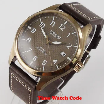 

40mm Corgeut Men's Wristwatch Automatic NH35 movement Brown dial luminous hands date window bronze case dark coffe strap