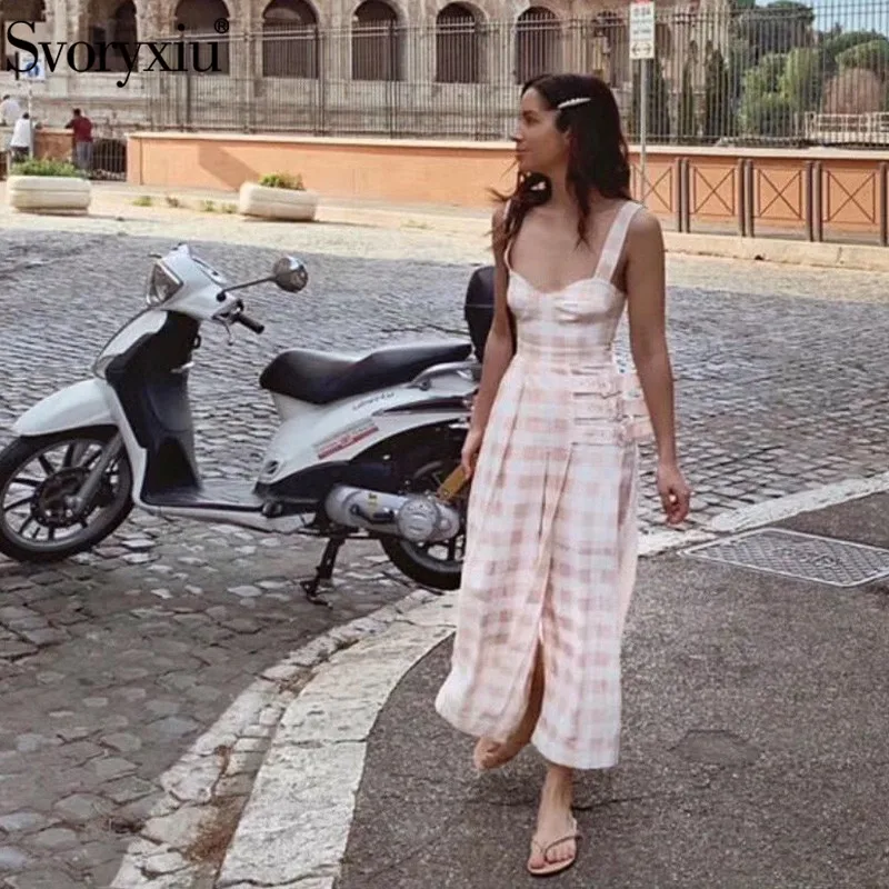

Svoryxiu 2020 New Women's Summer Sexy Spaghetti Strap Long Dress Women's Fashion Lattice Print Runway Dress Vestdios