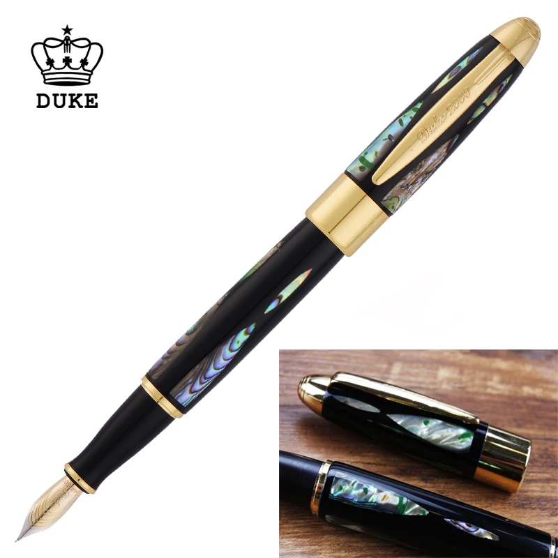 Duke 14K Gold Fountain Pen Beautiful Bright Pearl In The Dark Green Sea Fine Nib 0.5mm Gift Pen & Wooden Gift Box for Collection duke real seashell rollerball pen beautiful night pearl in the dark green sea fine point collection gift pen