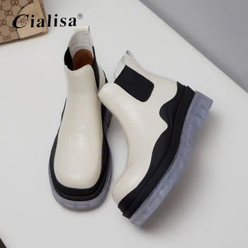 

CIALISA Women Shoes Genuine Leather Round Toe Elastic High Heel Boot 2020 Fashion New Design High Quality Platform Winter Boot