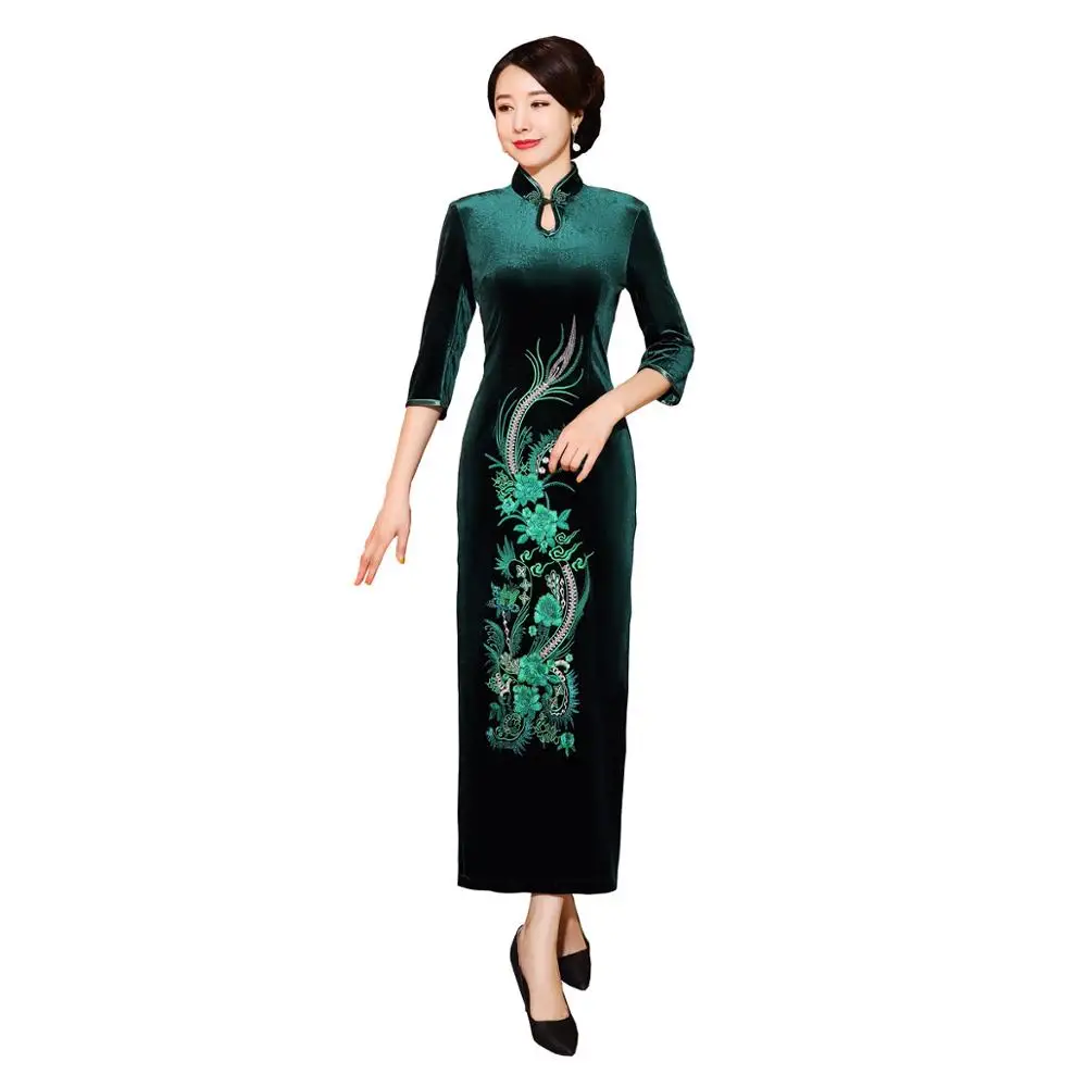Шанхай история бархат Cheongsam китайское платье вышивка Qipao длинное - Цвет: T0061C