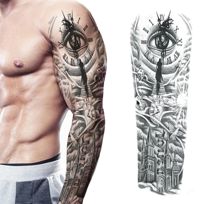 Waterproof Temporary Full Arm Tattoos Men Women Cool Leg Art Black Fish Dragon Skull  Sleeve Large Fake Sticker Glitter Style