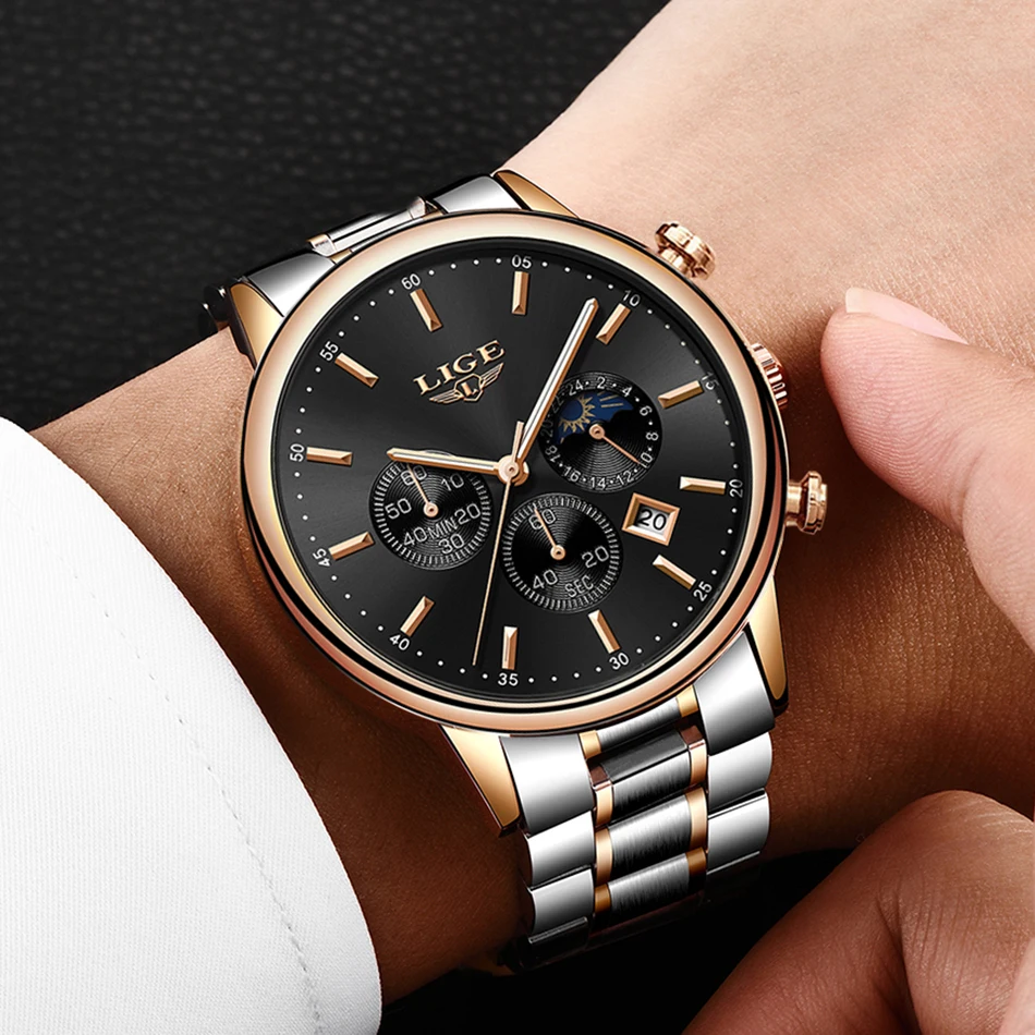 LIGE Moon Phase дизайн синие модные деловые мужские часы, наручные часы Топ бренд класса люкс все стальные Кварцевые Золотые часы Relogio Masculino