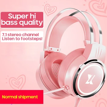 7 1 Surround Sound Pink Headphones Gaming Headset Wired With Microphone Professional Gamer RGB Light For