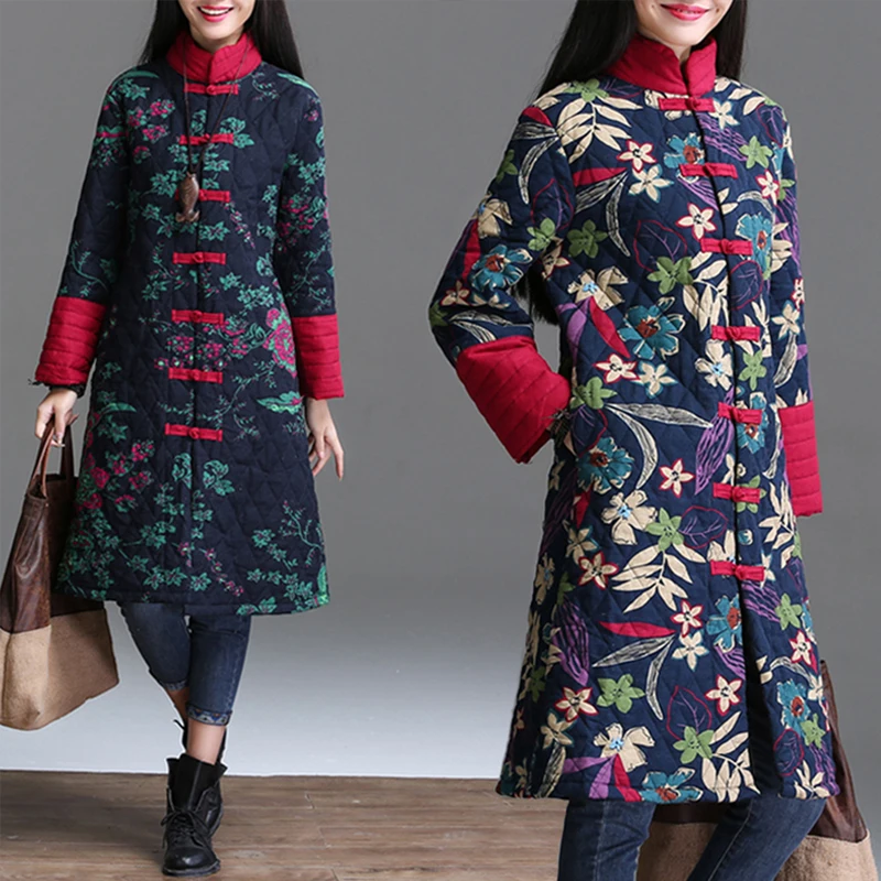 

Chinese Red Floral Women Winter Warm Long Jacket Vintage Padded Coat Female Blue Flower Winter Quilted Parka Ladies Windbreaker