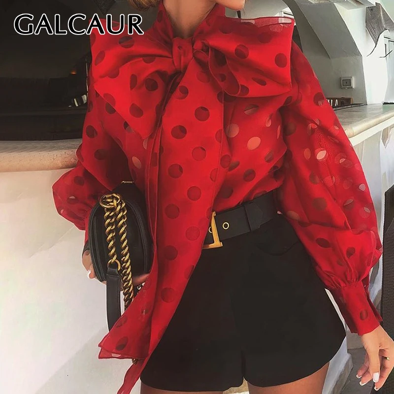 

GALCAUR Casual Shirt For Women Bowknot Collar Lantern Long Sleeve Patchwork Polka Dot Hit Color Designer Blouses Female 2020 New