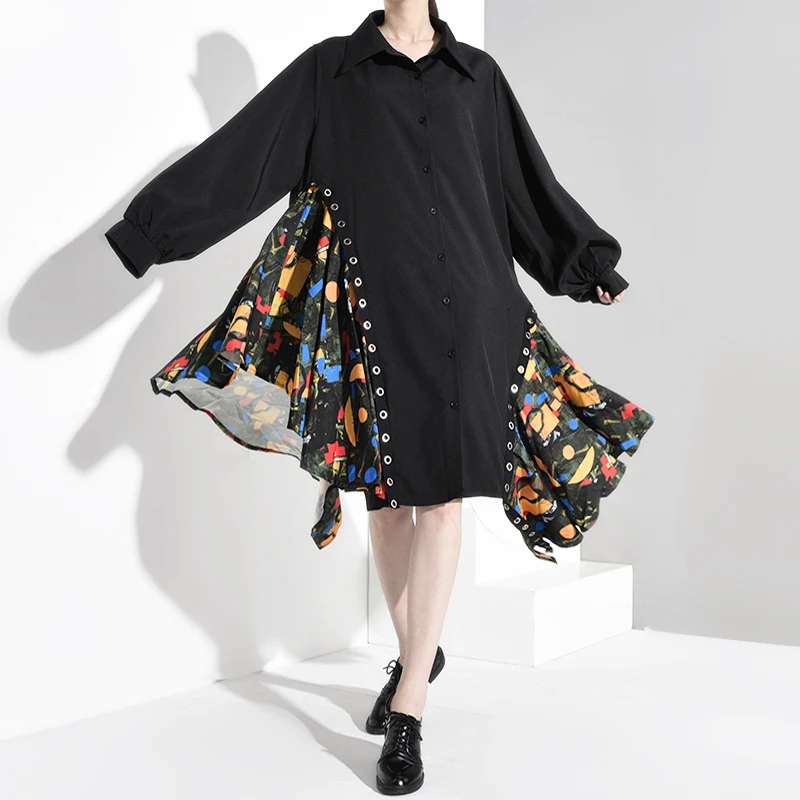 [EAM] Women Black Print Asymmetrical Big Size Shirt Dress New Lapel Long Sleeve Loose Fit Fashion Spring Autumn 1B060