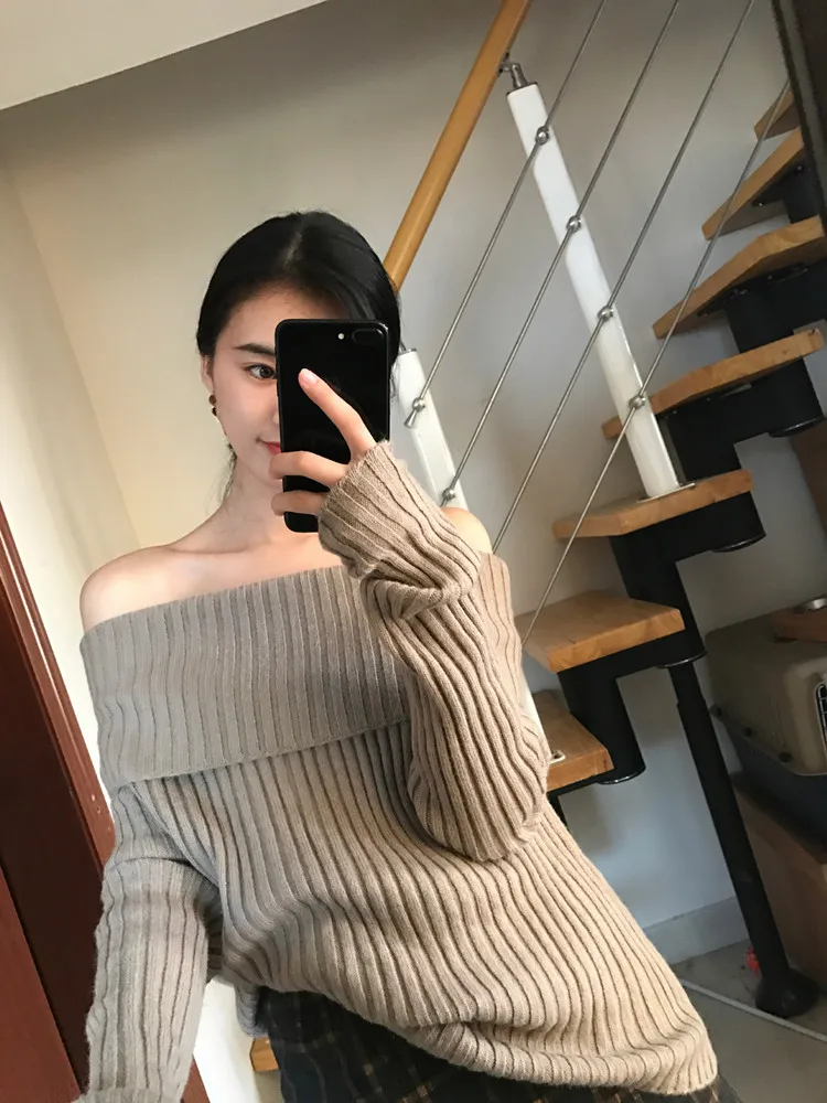 Женские свитера и пуловеры Blusas De Inverno Feminina, новинка, женский свитер, свободный воротник, длинный рукав, вязаный, один размер