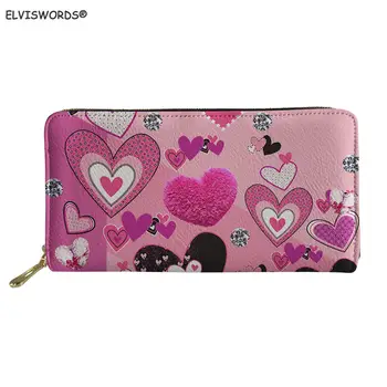 

ELVISWORDS Heart-Shaped Print Women's Wallet PU Leather Multi Cards Clutch Purse Holder Black Long Larger Handbag for Laides