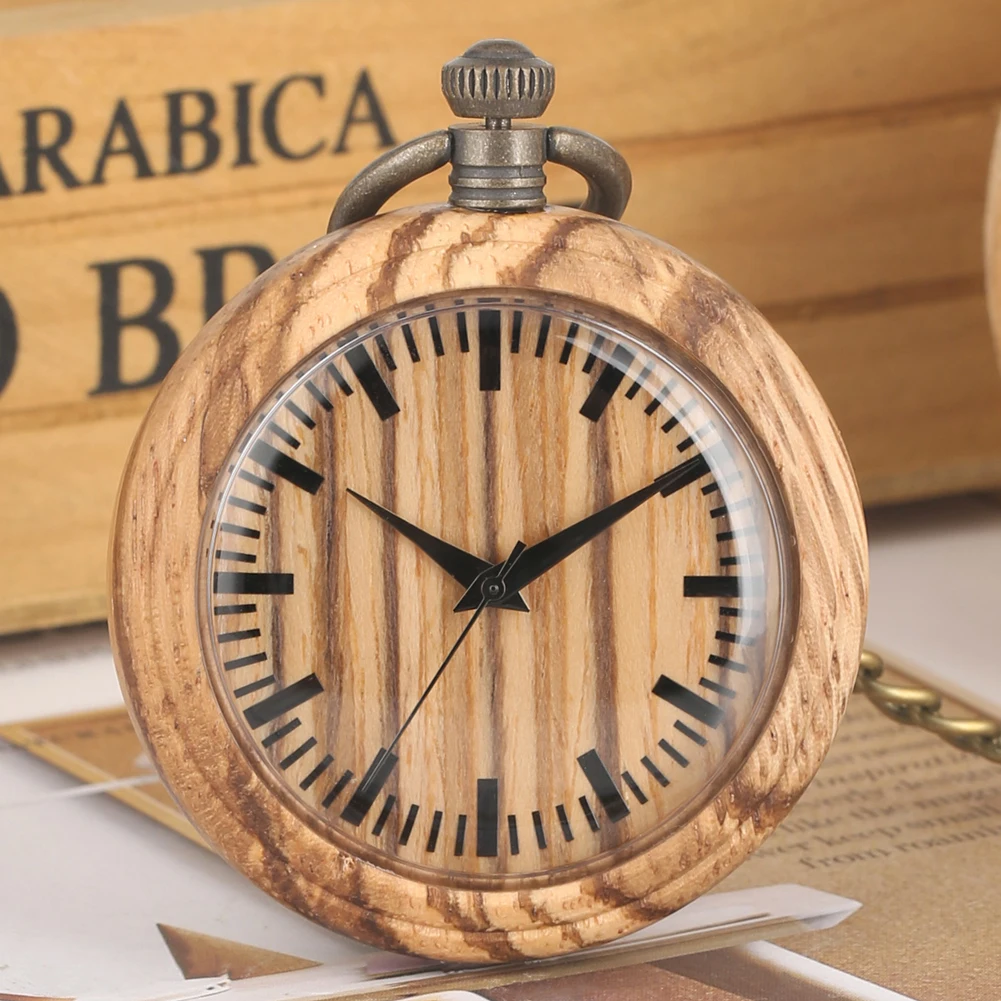 

Light Brown Wooden Pocket Watch Dial with Clear Scales Quartz Pocket Watches Casual Quartz Analog Pendant Watch for Men