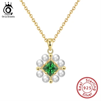 

ORSA JEWELS 925 Sterling Silver Flower Pearl Pendant Necklace for Women Green Zirconia Silver Necklace Fine Jewelry SN233