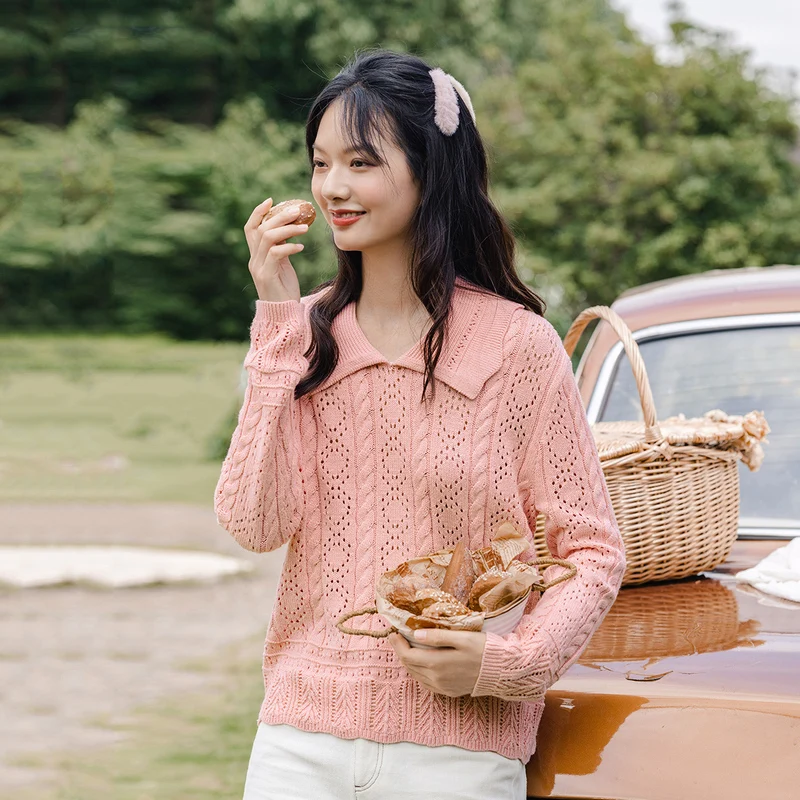 Пуловер женский трикотажный с воротником Питер Пэн и длинными рукавами | Женская