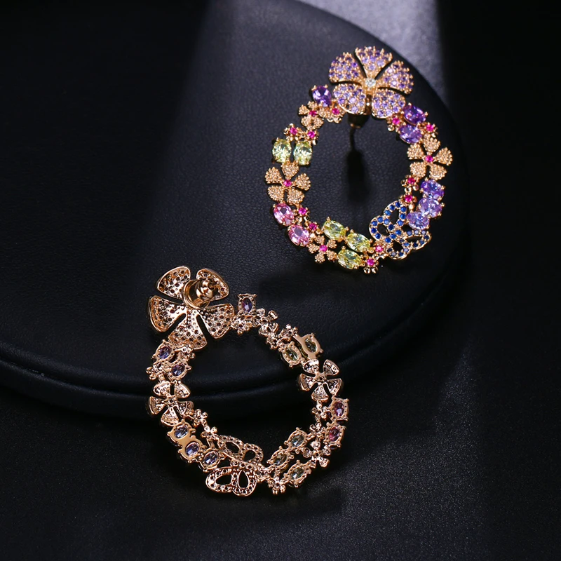 New Luxury Round Flower Women Stud Earrings Inlay Multicolor Zirconia Big Studs for Dubai Wedding Bridal Earing Fashion Jewelry