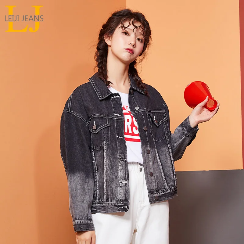 Женская модная джинсовая куртка LEIJIJEANS повседневная черно белая градиентная со