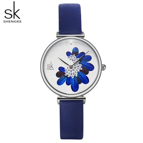 Shengke часы женские брендовые роскошные женские часы Новые Элегантные Синие перьевые часы водонепроницаемые кожаные ремешок Женские кварцевые наручные часы Montre Femme - Цвет: Blue watch