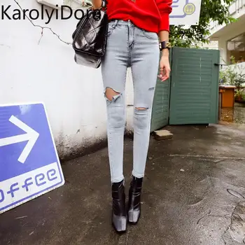 

high waisted jeans skinny Fashion 2020 Spring Korean new autumn trend is thin personality distressed old hole slim feet jeans
