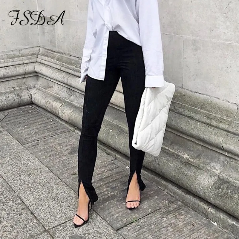 FSDA Split Black Pants Women 2020 High Waist Casual Elegant Autumn Winter Offiec Lady Trouser Skinny Slim Pencil Pant Fashion | Женская