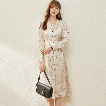 

75% Silk Blend Dress Women Printed Neck Long Sleeves Single-breasted Lightweight Fabric Straight Casual Dress New Fashion Style