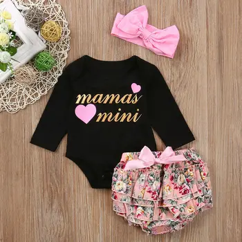 

Baby Girl mamas mini Letter Clothes 3Pcs Newborn Kid Long Sleeve Letter Ruffles Floral Printed Romper +Ruffles