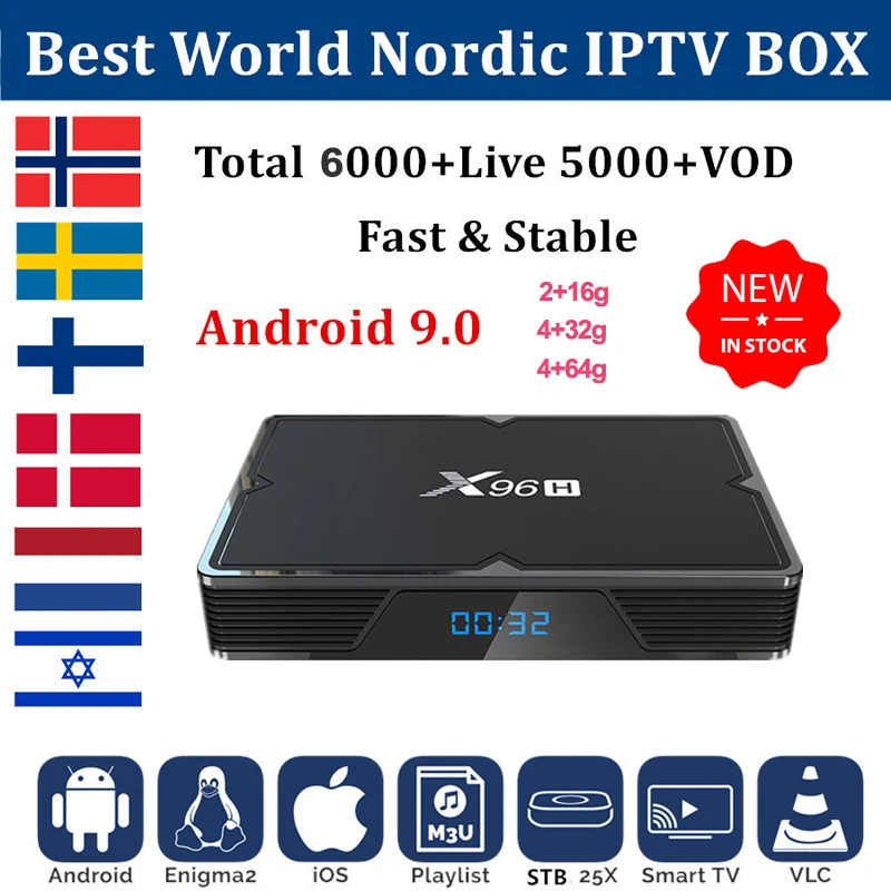 

Best Scandinavia Iptv x96h android 9 tv box 2.4G/5G WiFi 4K 1080 1 year free Nordic Sweden Norway Albania subscription Iptv Box