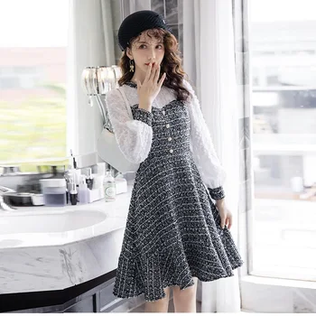 

Fall Female chiffon patchwork ruffled woolen cute Dress stand collar lantern Sleeves plus size party Dress elegant vestidos 4XL