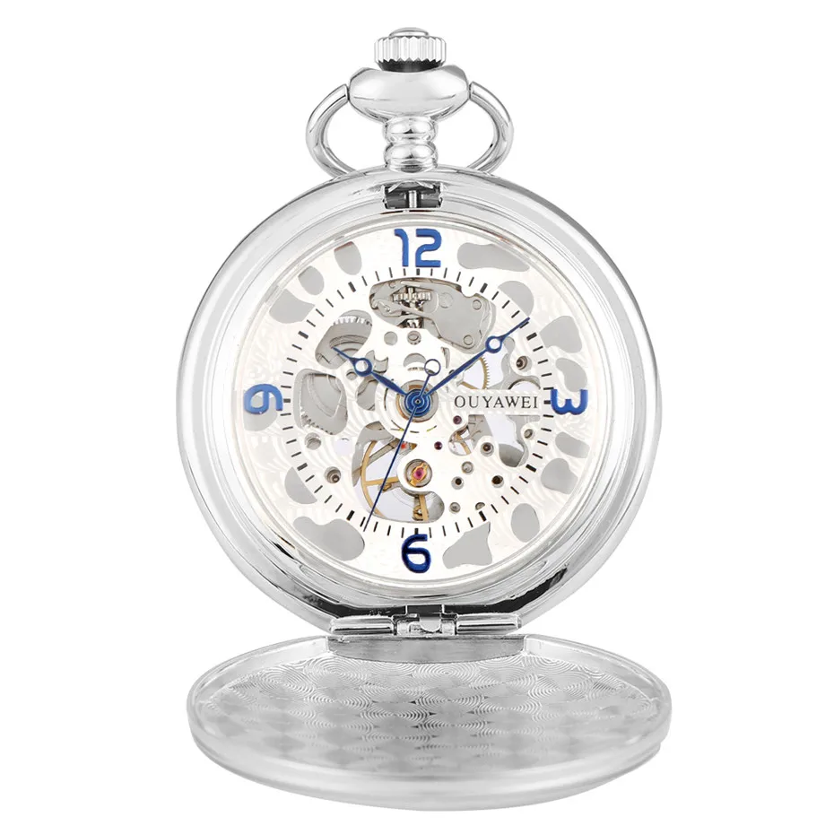 Черный/серебристый/Золотой гладкий Чехол синие арабские цифры дизайн Механические карманные часы ручной обмотки Скелет прозрачные часы