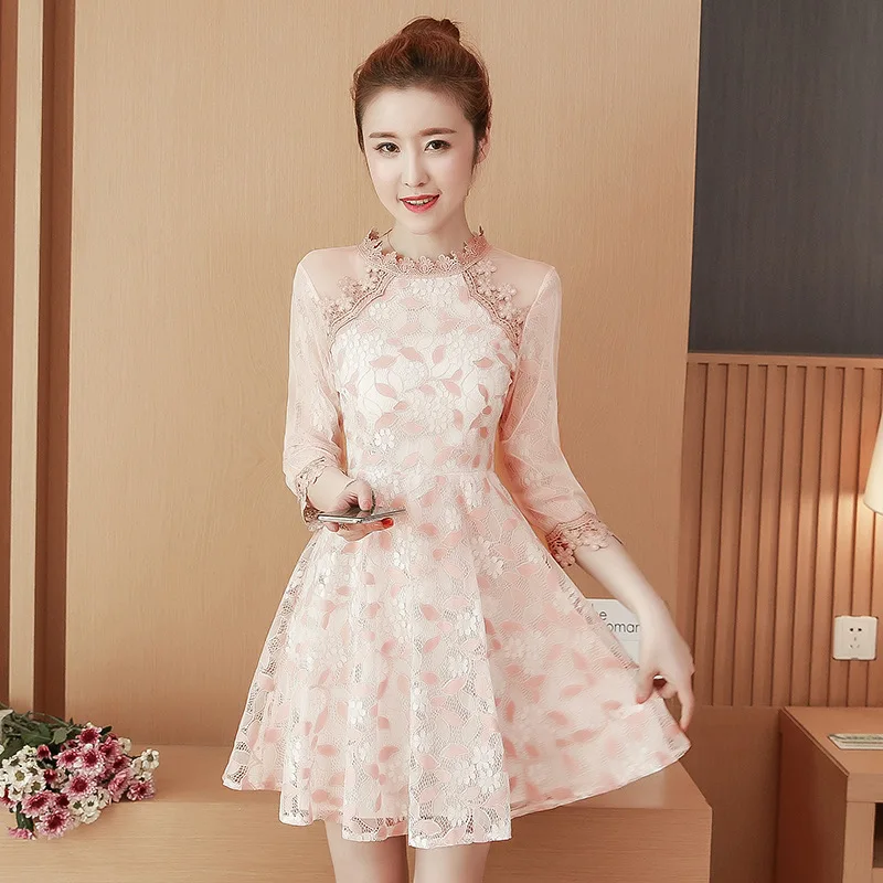 

2018 Spring And Summer New Style Korean-style Mid-length Slimming Elegant WOMEN'S Dress A- line Skirt Long Sleeve Lace Dress