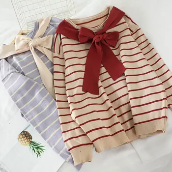 

Heliar Stripes Bow Neck Sweater 2020 Srping Women Sweater Women Knitting Long Sleeve Pullovers Tops Casual Knitting Pullovers