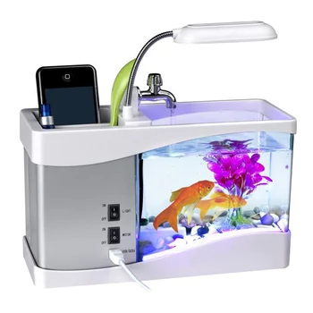 

USB Desktop Mini Fish Tank Aquarium with LED Clock Table Decor Organizer PI669