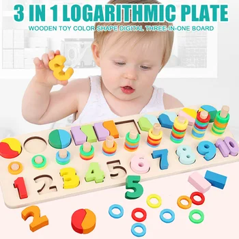 

Wooden Blocks Toy Kit 3-in-1 Digital Shape Color Board Building Blocks Puzzle Toy YJS99