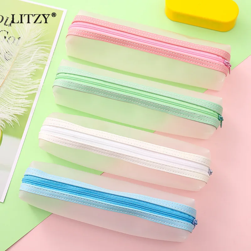 

School Matte Pencil Cases Kawaii Cute Solid Color Transparent School Pen Bag Box Student Supplies Stationery Storage Bag Gift