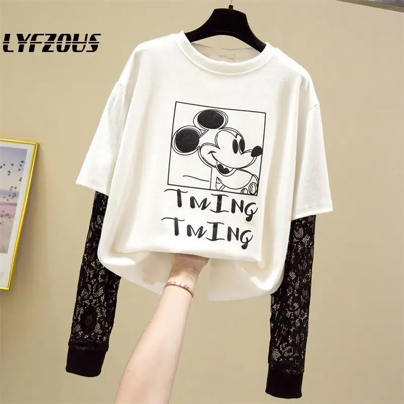 

Feminina Women Lace Spliced T Shirt Cartoon Print T Shirt Woman Spring Summer Tees Female Costume New 2020 Large Size