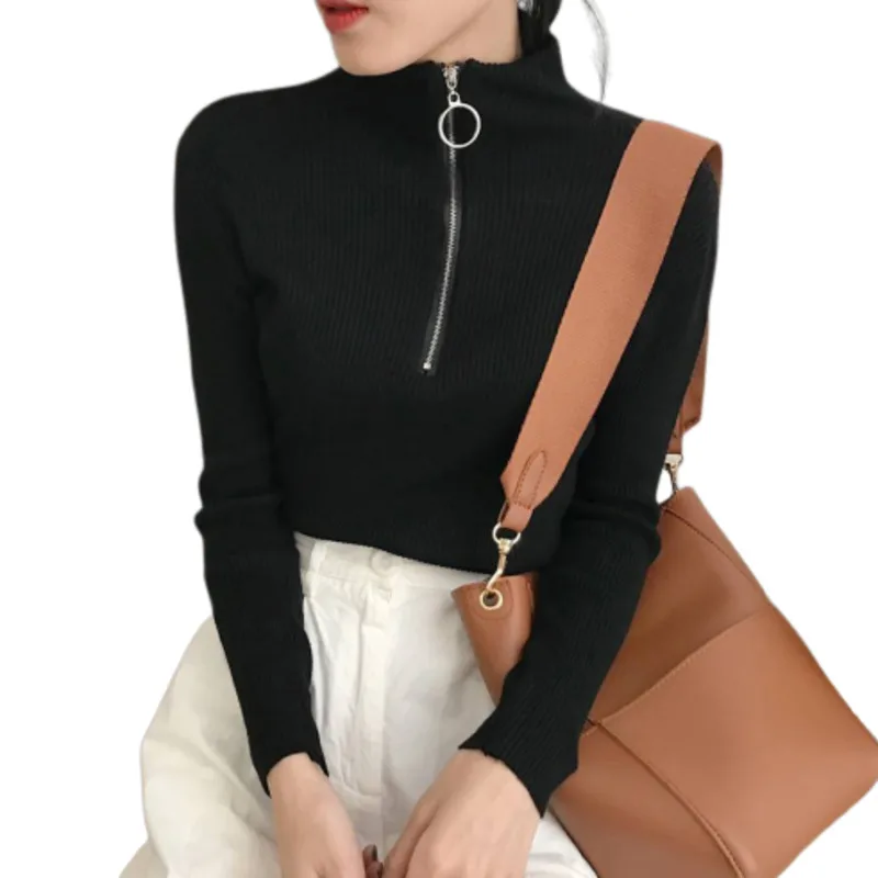 

Basic Zipper Sweater Women Turtleneck Solid Spring Autumn Female Knitted Sweater Pullovers Long Sleeve Chic Soft Jumper Top New