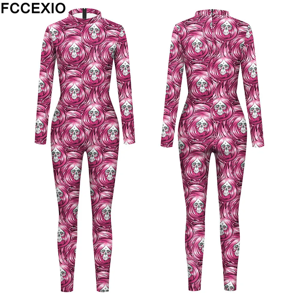 FCCEXIO The Devil with Long Pink Hair Pattern 3D Print Sexy Bodysuits Women  Long Sleeve Cosplay New Jumpsuit