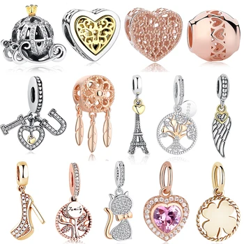 

Luxury 925 Sterling Silver Charm Beads Rose Gold Family Tree Feather Love Heart Charms Fit Original Pandora Bracelet DIY Jewelry