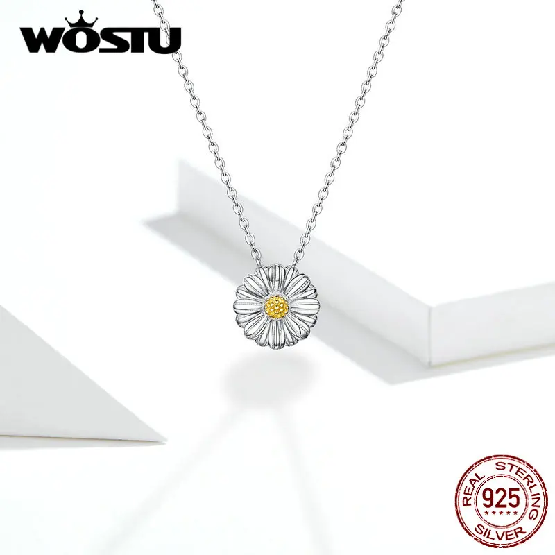 WOSTU,, 925 пробы, серебряная ромашка, желтый цветок, ожерелье на цепочке для женщин, свадебное ожерелье, серебро 925, ювелирное изделие, подарок, DXN370