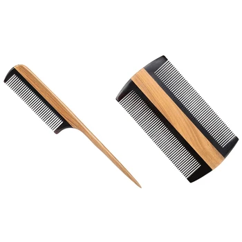 

2 Pcs Hair Combs: 1 Pcs Wood Comb with Black Horn Teeth & 1 Pcs Anti-Dandruff Dust Comb Green Ebony Horn Beard Comb