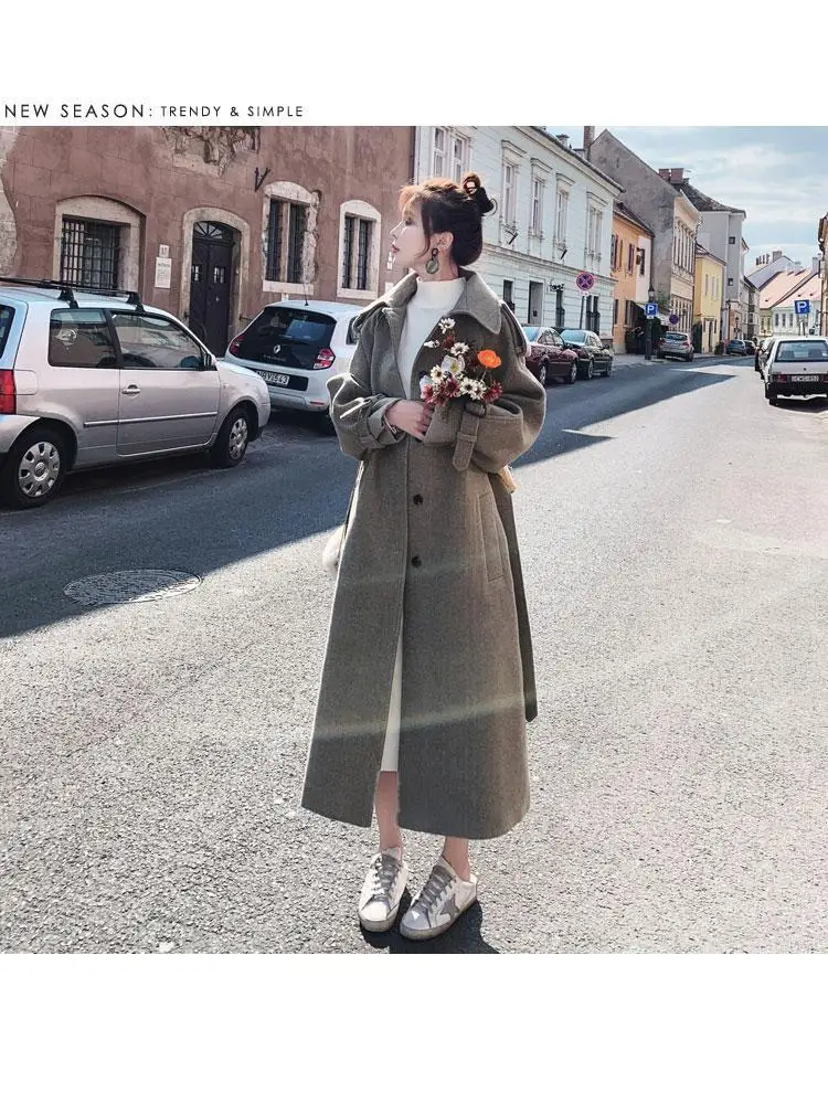Элегантное шерстяное пальто для фотосессии, осень и зима, стиль, корейский стиль, свободный крой, длинная повседневная шерстяная куртка большого размера W