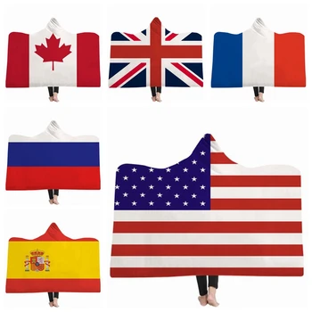 

National Flag Plush Hooded Blanket Double Layers USA Span France Fleece Blankets Adults Watching Kids Wearable Throw Winter Warm